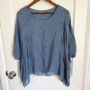 Elena Baldi Silk Blend Dusty Blue Floral Embroidered Blouse